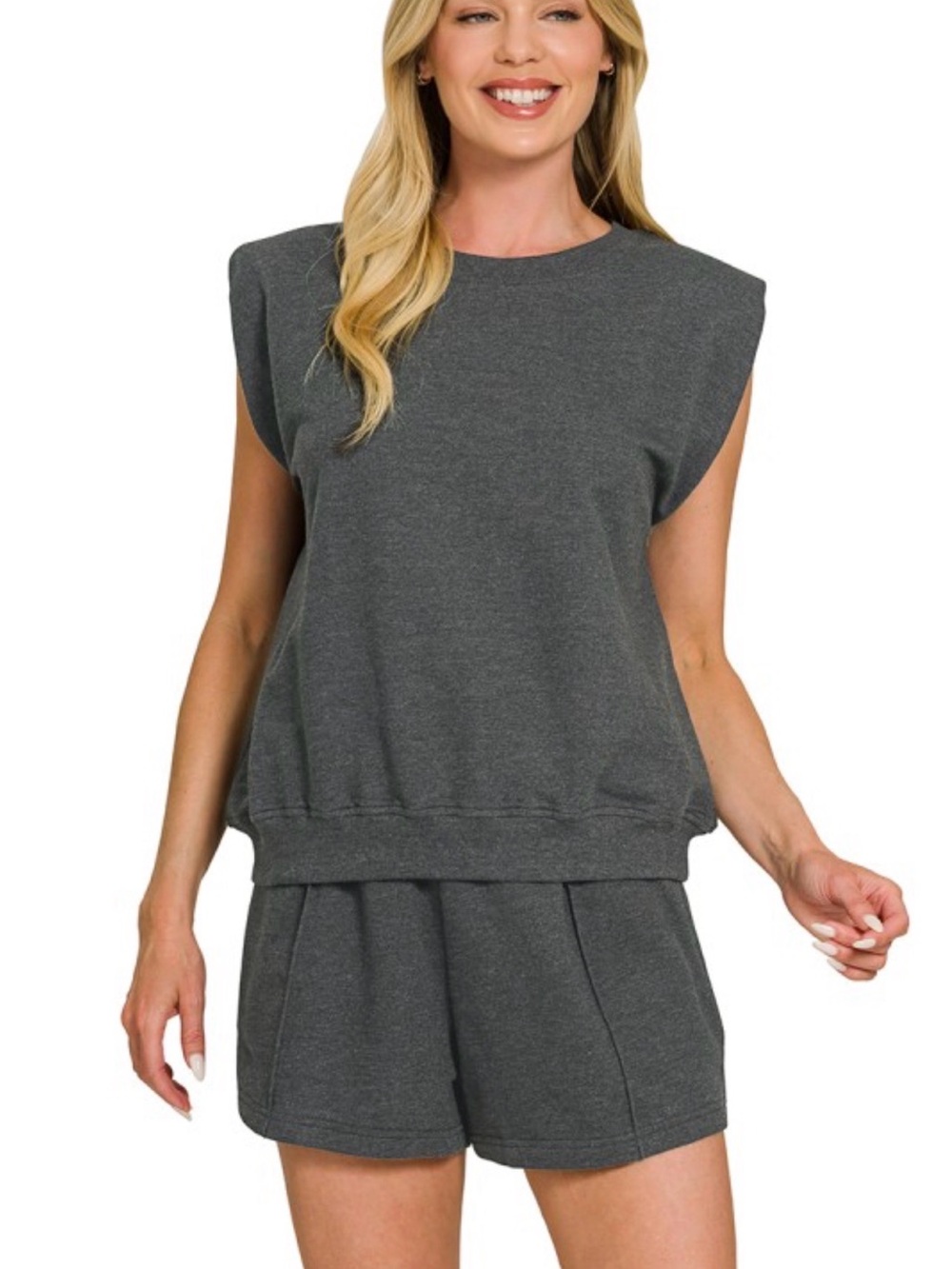 Women's Charcoal Gray Sleeveless Sweatshirt Top And Short Set